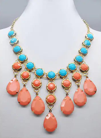 The Bohemian Necklace – Tropicana (Coral & Turquoise Statement Piece with Adjustable Fit)