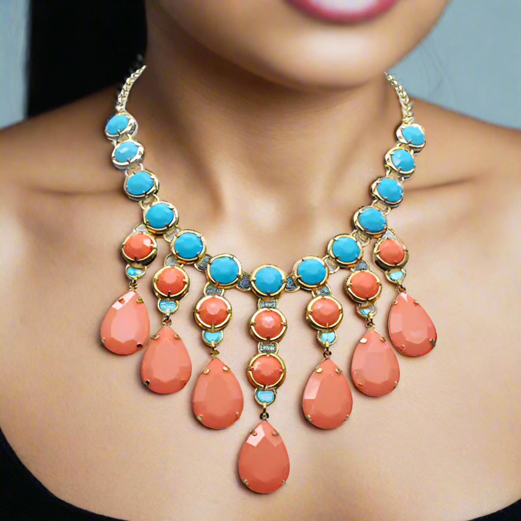 The Bohemian Necklace – Tropicana (Coral & Turquoise Statement Piece with Adjustable Fit)
