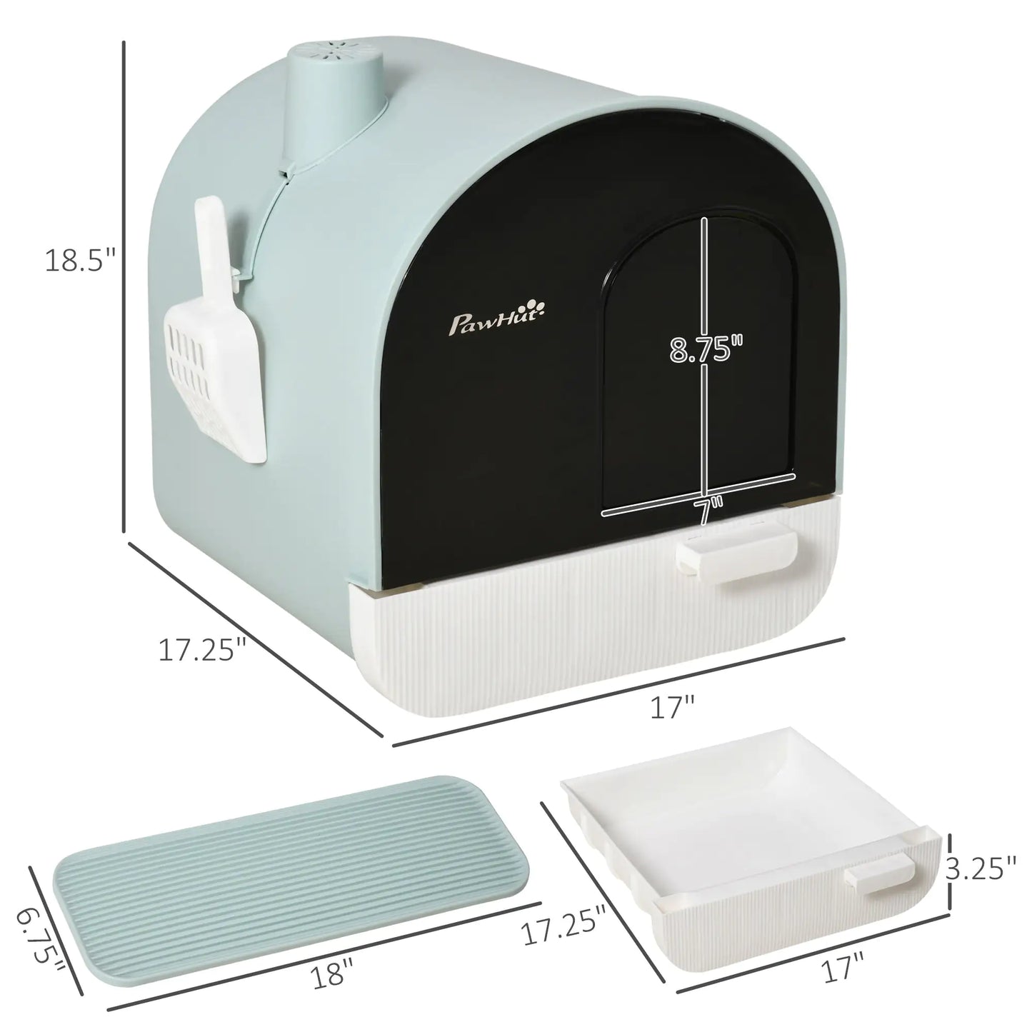 PawHut Cat Litter Box with Lid, Indoor Cat Litter Tray with Spoon, Strainer, Private Hooded Litter Box, Easy to Clean, Green, 17" x 17" x 18.5"