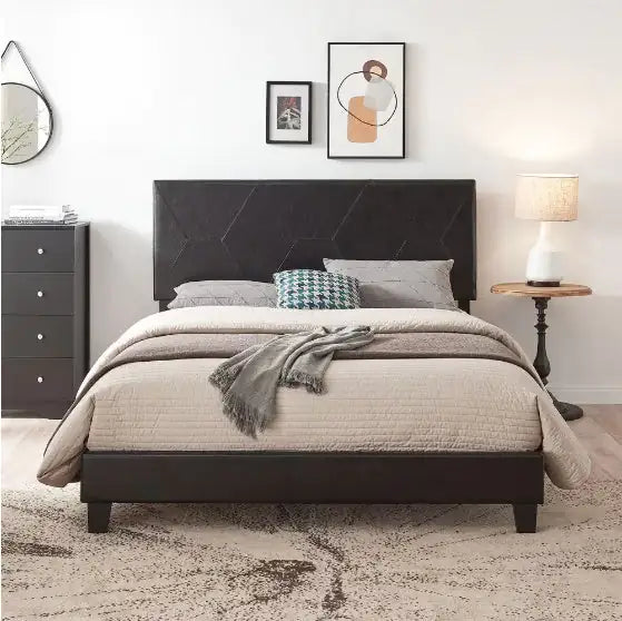Queen Size Upholstered Platform Bed Frame – Wooden Slatted Support, Easy to Assemble, Black PU