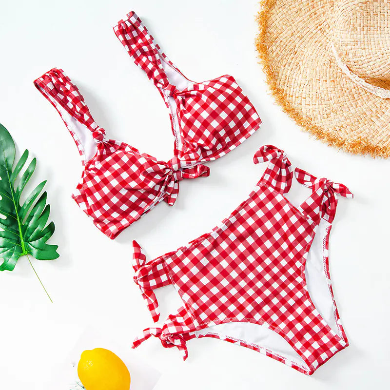 Checkered High-Waisted Bikini – Nylon Two-Piece Swimsuit in Blue, Red, and Purple