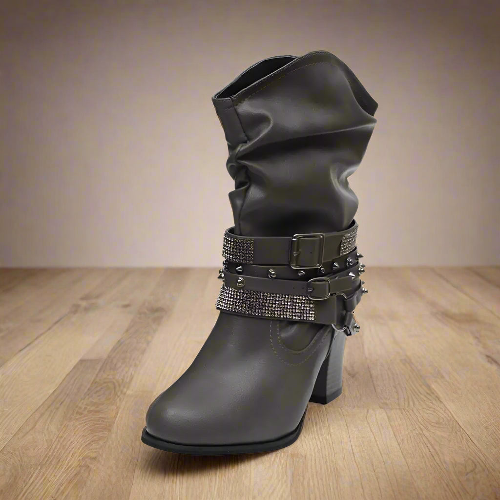 Leather Ankle Boots – Western-Inspired Design with Rhinestone Accents