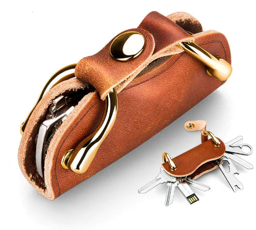 Brown Cowhide Key Organizer – Premium Leather Key Pouch with Metal Buckle Closure