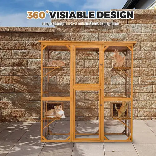 Catio Outdoor Cat Fence with Roof – 72" Tall Yellow Wooden Cat House