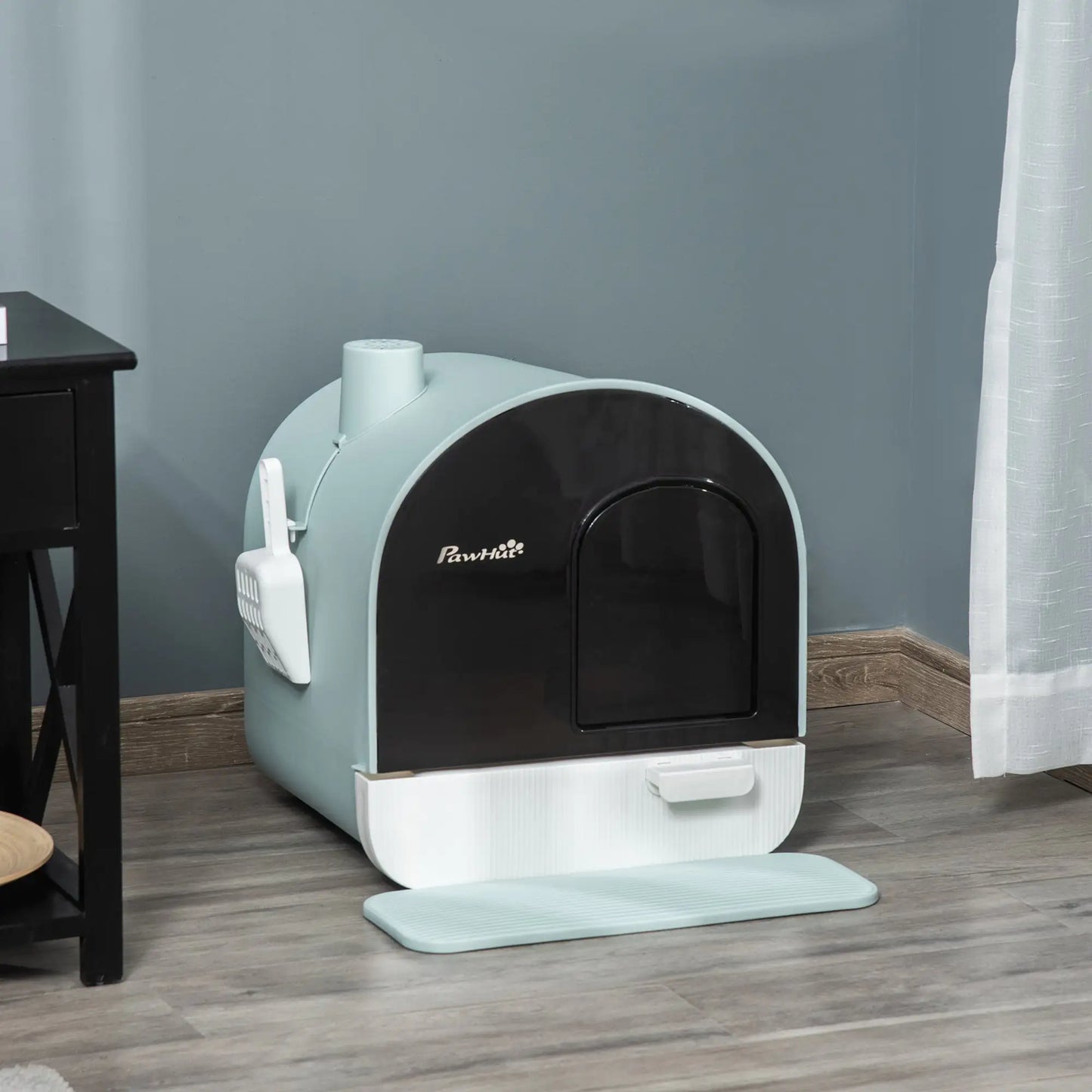PawHut Cat Litter Box with Lid, Indoor Cat Litter Tray with Spoon, Strainer, Private Hooded Litter Box, Easy to Clean, Green, 17" x 17" x 18.5"