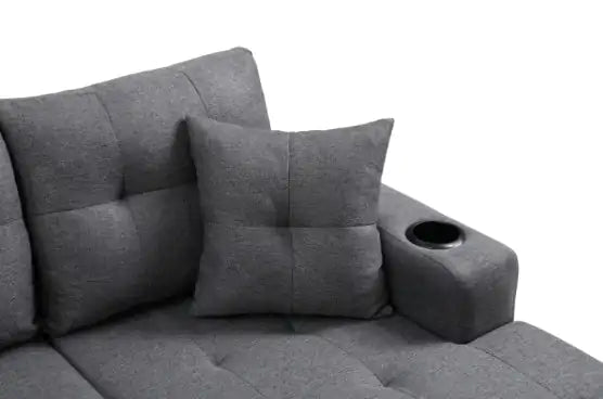 Fabric Sectional Sofa – Grey Upholstered L-Shaped Sofa with Cup Holders and Pillows