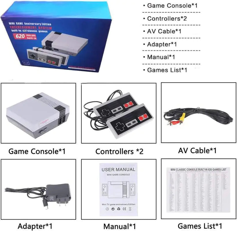 Retro Mini Game Console – Built-in 620 Classic Games (AV Output, Dual Controllers)