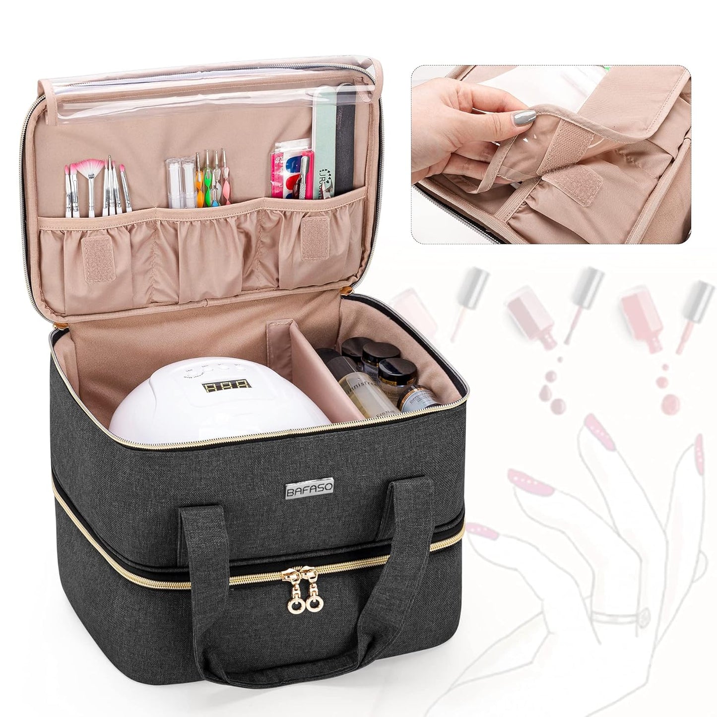 Nail Polish Organizer Case – Portable Dual-Layer Storage with Resizable Bottle Divider and Nail Lamp Space