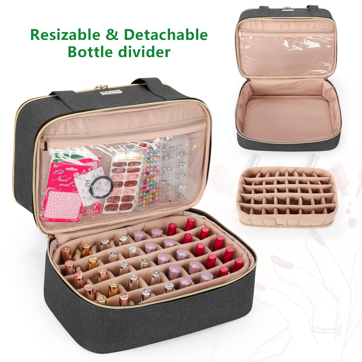 Nail Polish Organizer Case – Portable Dual-Layer Storage with Resizable Bottle Divider and Nail Lamp Space