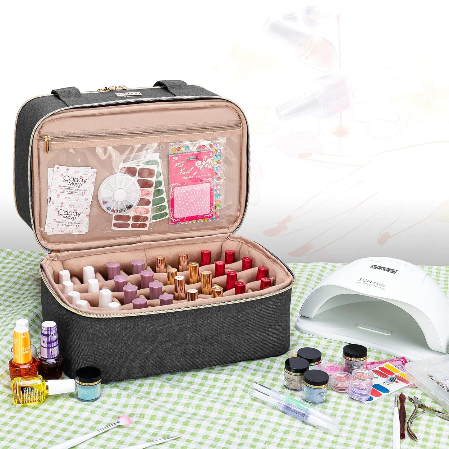 Nail Polish Organizer Case – Portable Dual-Layer Storage with Resizable Bottle Divider and Nail Lamp Space