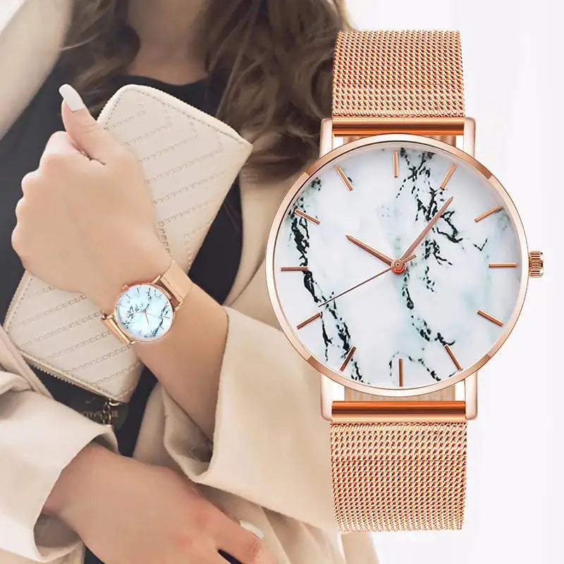 Add a Touch of Elegance with our Rose Gold Mesh Band Marble Watch