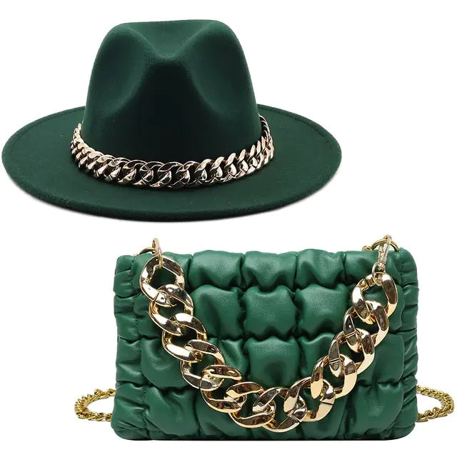 Fedora Hat and Handbag with Gold Chain – A Luxurious Fashion Statement