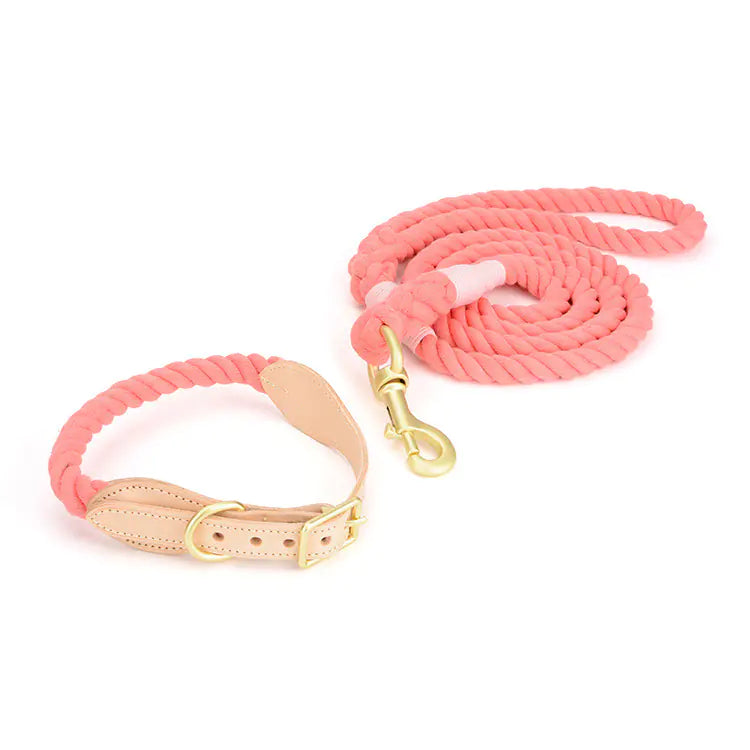 Cowhide Woven Cotton Rope Dog Leash & Collar Set – Durable & Stylish for All Breeds (Sizes S–XL)