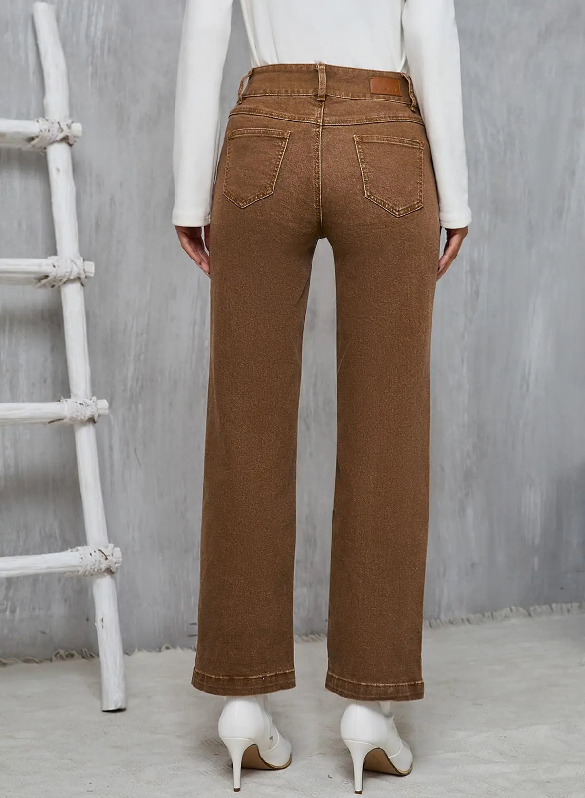 Sidefeel Women's Jeans High Waisted Straight Leg Stretchy Jeans Trendy Welt Pockets Loose Wide Leg Ankle Denim Pants 6 Brown