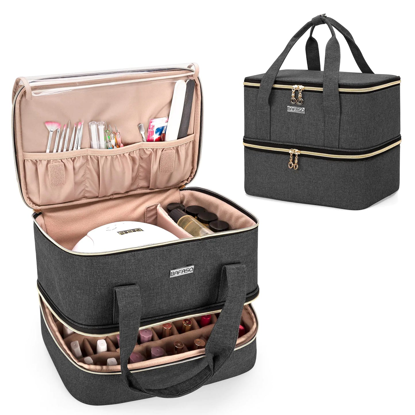 Nail Polish Organizer Case – Portable Dual-Layer Storage with Resizable Bottle Divider and Nail Lamp Space
