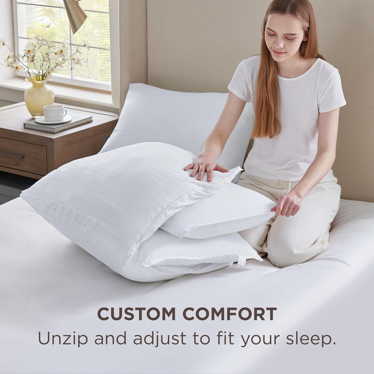 Adjustable Layer Bed Pillows for Sleeping – King Size, Set of 2. Soft & Firm Fluffy Pillows with 100% Cotton Cover and 4 Customizable Layers for Back, Side & Stomach Sleepers