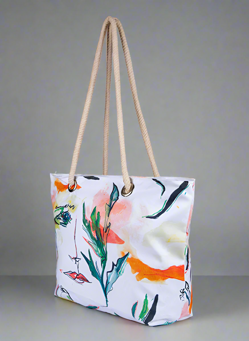 White Faces Beach and Shopping Bag – Artistic Tapestry Strap Tote with Zippered Pocket (37 x 30 x 12 cm)