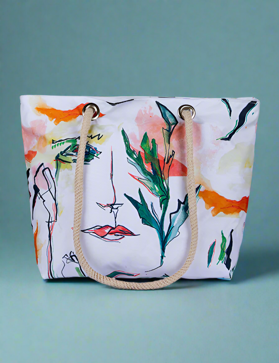 White Faces Beach and Shopping Bag – Artistic Tapestry Strap Tote with Zippered Pocket (37 x 30 x 12 cm)