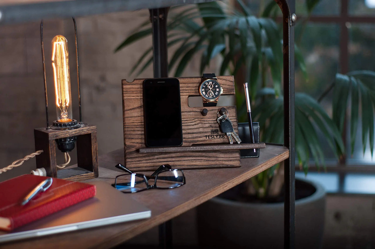 Wood Phone Docking Station – Ash Key Hooks, Wallet Stand, and Watch Organizer for Men