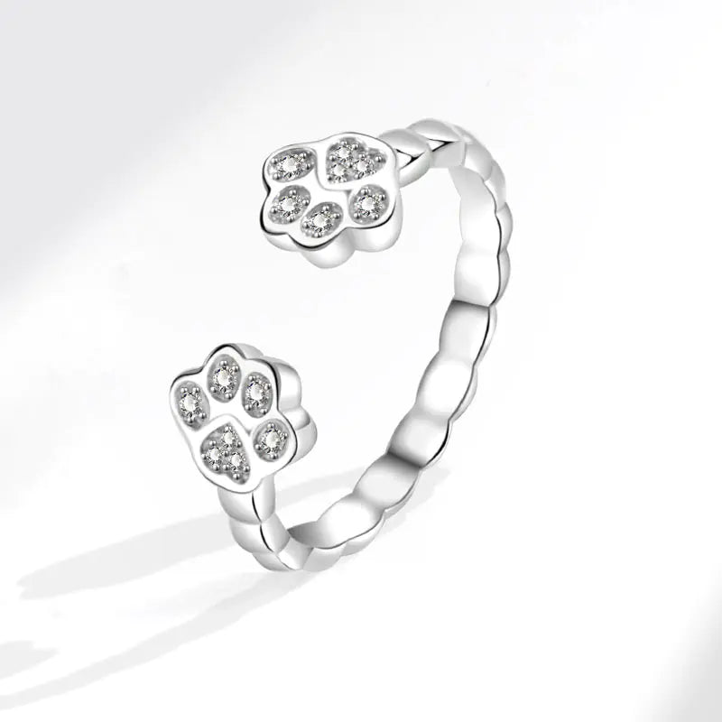 Open-End Paw Footprint Ring – Adjustable White Gold-Plated Copper Ring for Paw Lovers