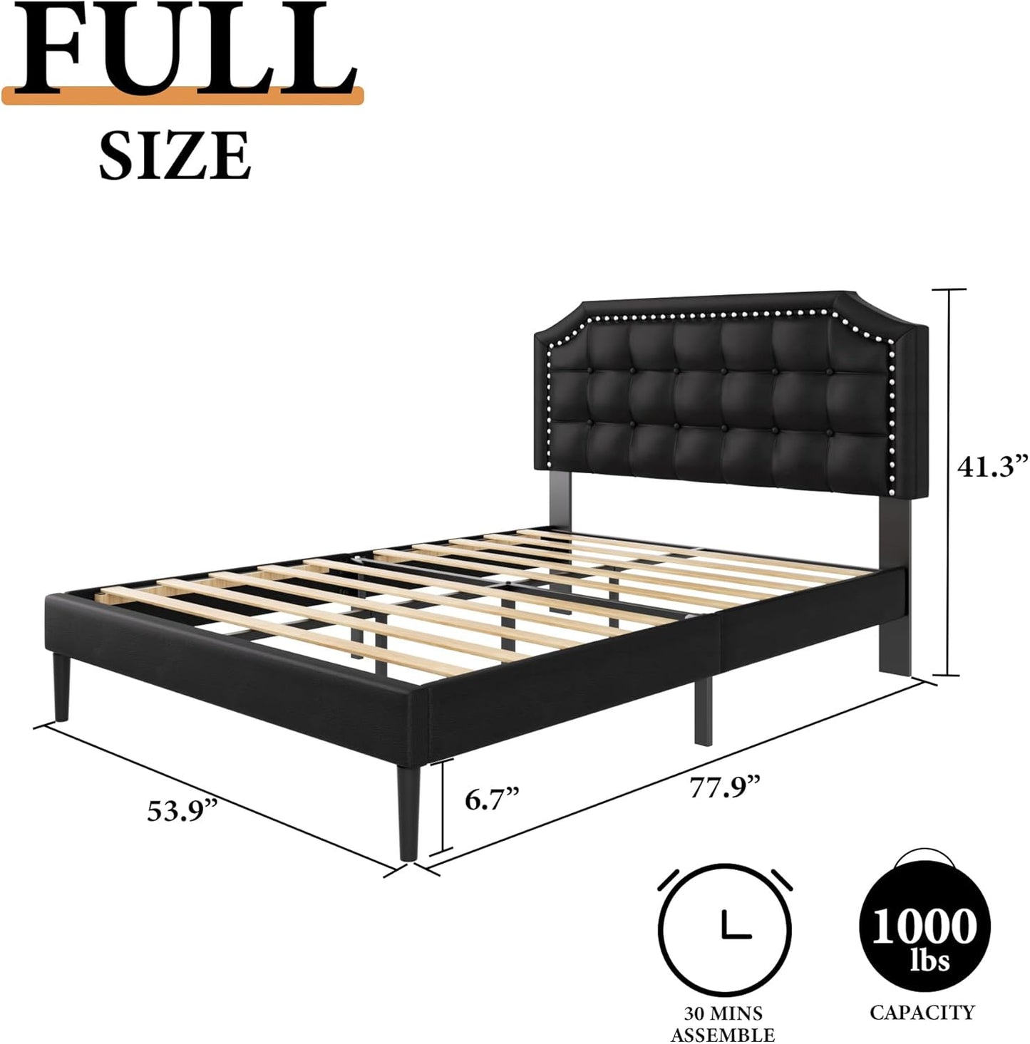 Full Size Platform Bed Frame with Headboard, Button Tufted & Rivet Design, No Box Spring Needed, Easy Assembly, No Noise, Beige Velvet