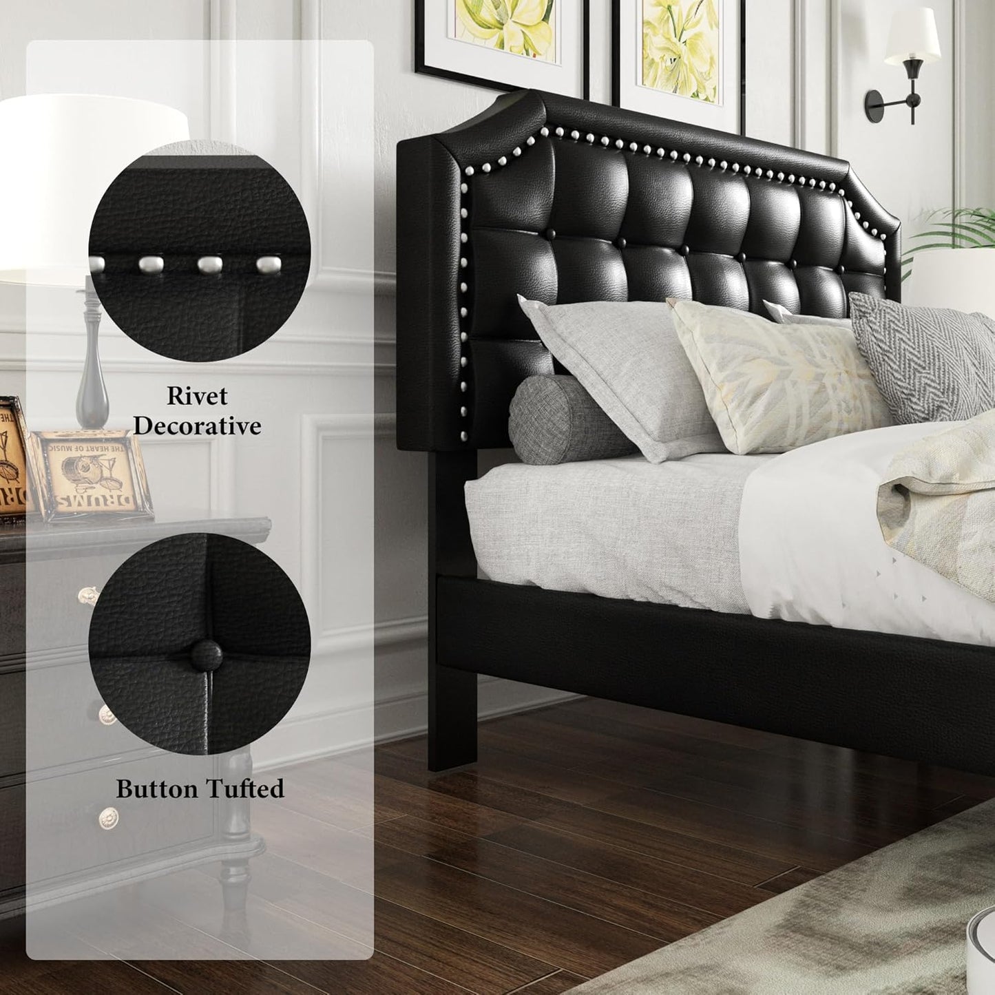 Full Size Platform Bed Frame with Headboard, Button Tufted & Rivet Design, No Box Spring Needed, Easy Assembly, No Noise, Beige Velvet