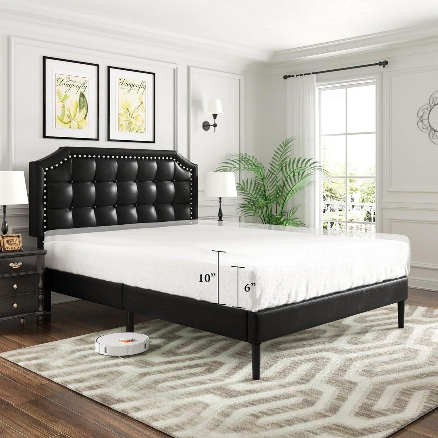 Full Size Platform Bed Frame with Headboard, Button Tufted & Rivet Design, No Box Spring Needed, Easy Assembly, No Noise, Beige Velvet
