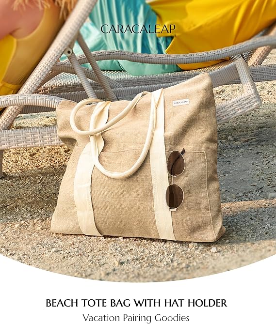 Large Beach Tote Bag with Hat Holder – Stylish & Spacious for Summer Adventures
