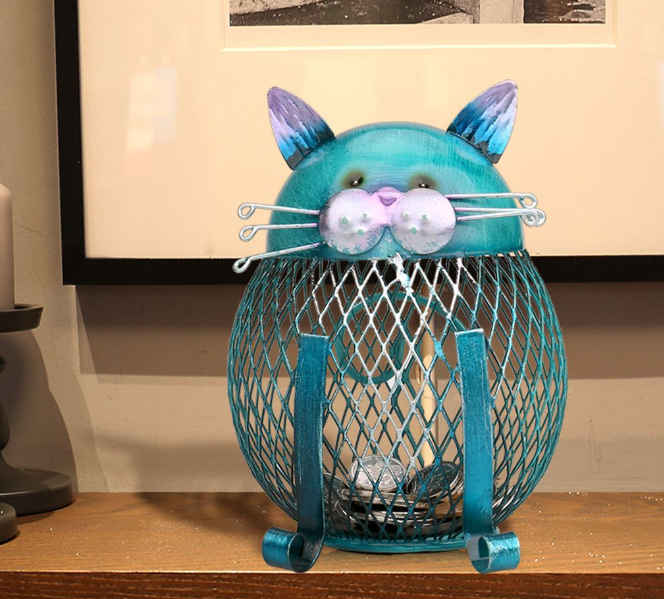 Turquoise Cute Cat Coin Box – Handcrafted Iron Piggy Bank & Whimsical Home Decor