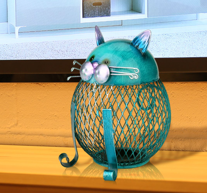 Turquoise Cute Cat Coin Box – Handcrafted Iron Piggy Bank & Whimsical Home Decor