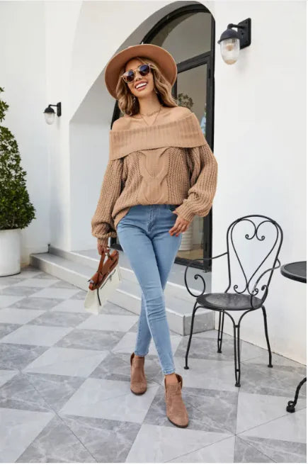 Women’s Chic Off-Shoulder Cable Knit Sweater (Twisted Pattern, S–XL, Multiple Colors)
