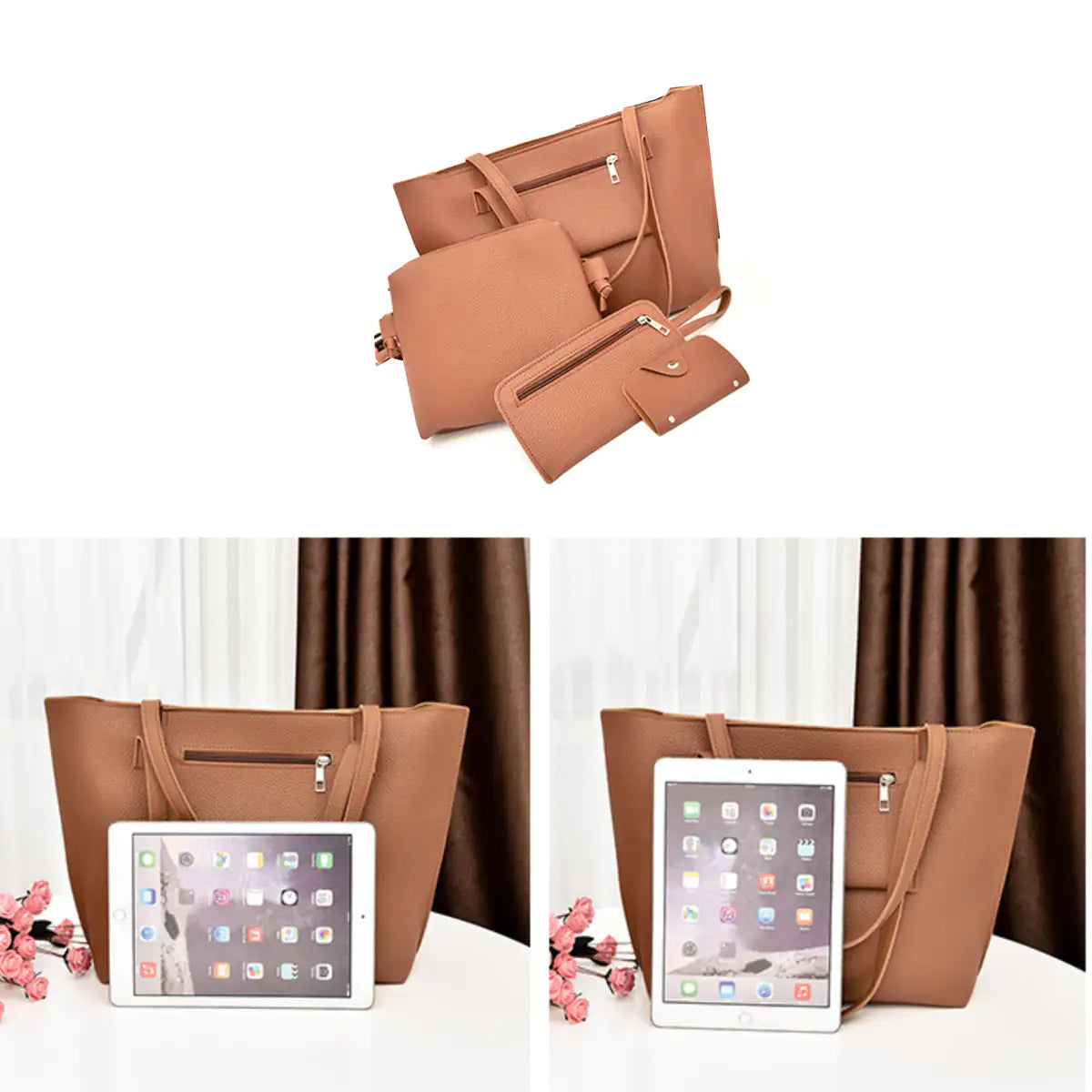 4-in-1 Handbag Set – Glamorous Vegan Leather Tote, Crossbody, Wristlet, and Cardholder