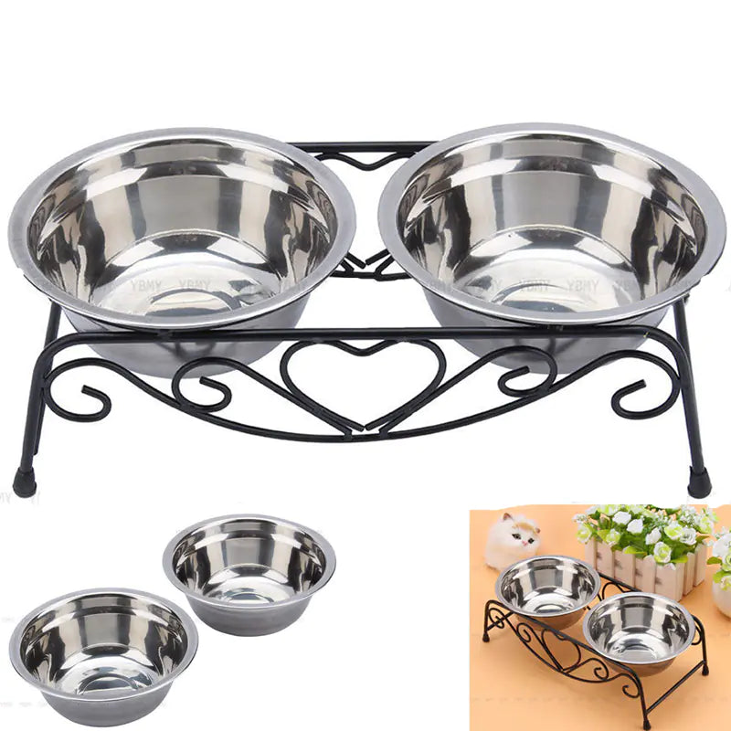 High-End Dual-Use Elevated Stainless Steel Pet Bowl with Black Iron Stand