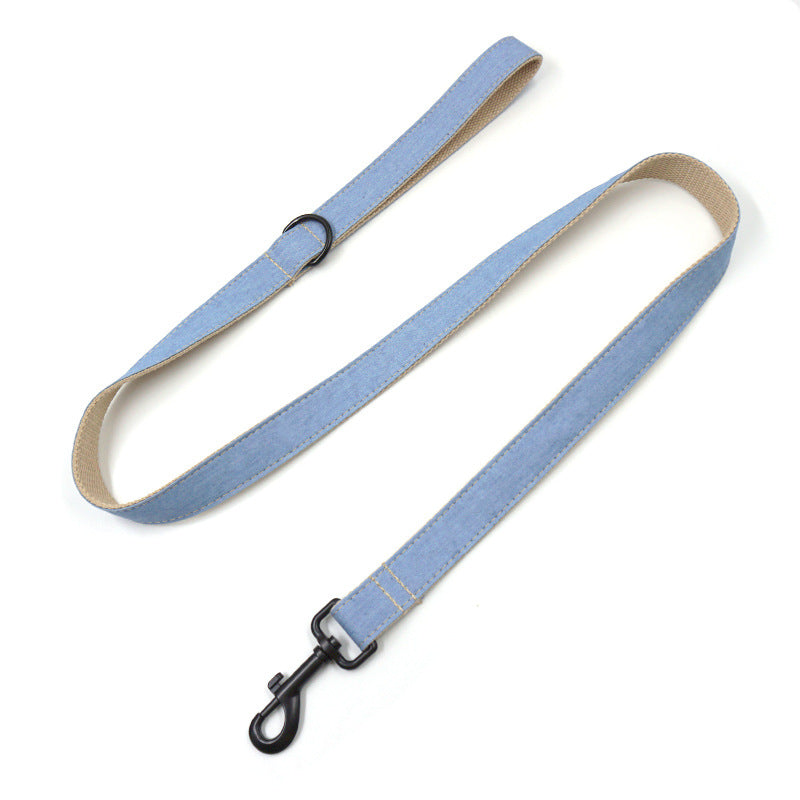 Buckle Lettering Deep Denim Pet Collar Dog Leash Bow Set – Stylish Comfort in a Denim-Inspired Look