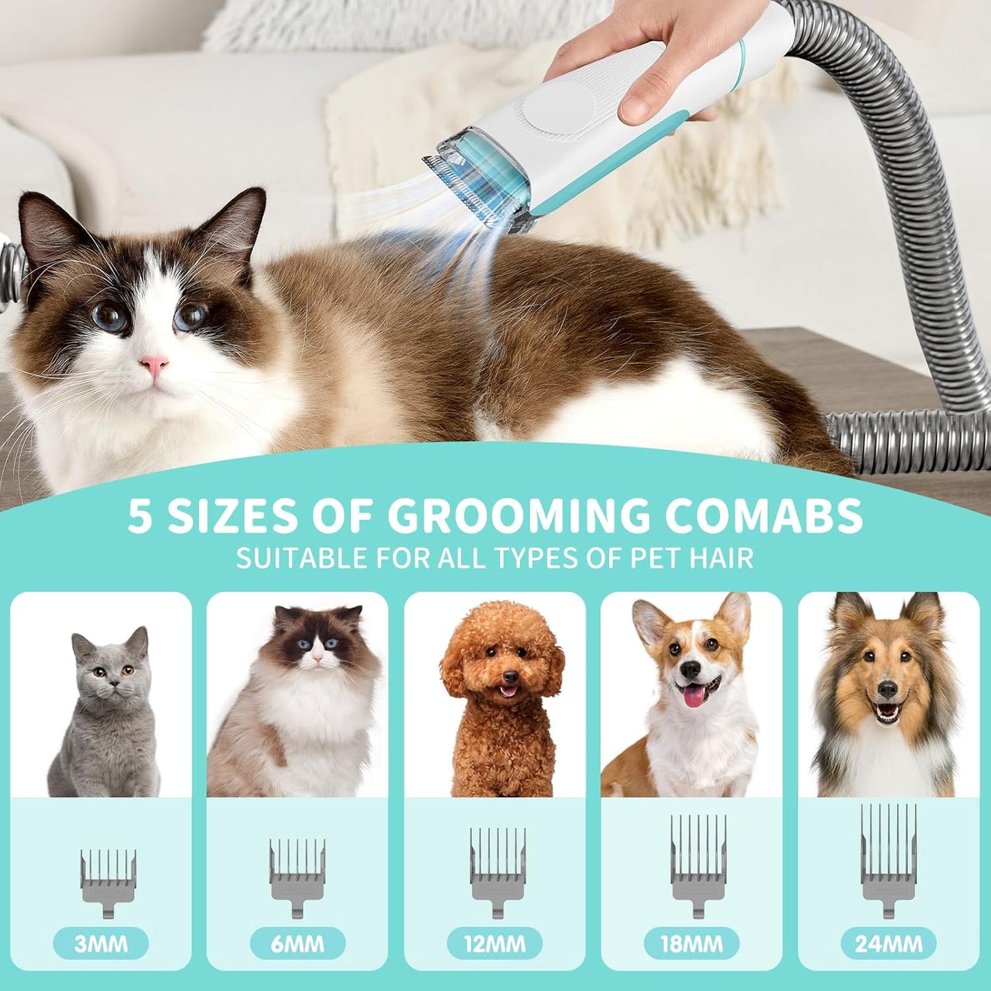 SIMWAL 6-in-1 Pet Grooming Vacuum Kit – Quiet 11KPa Suction System