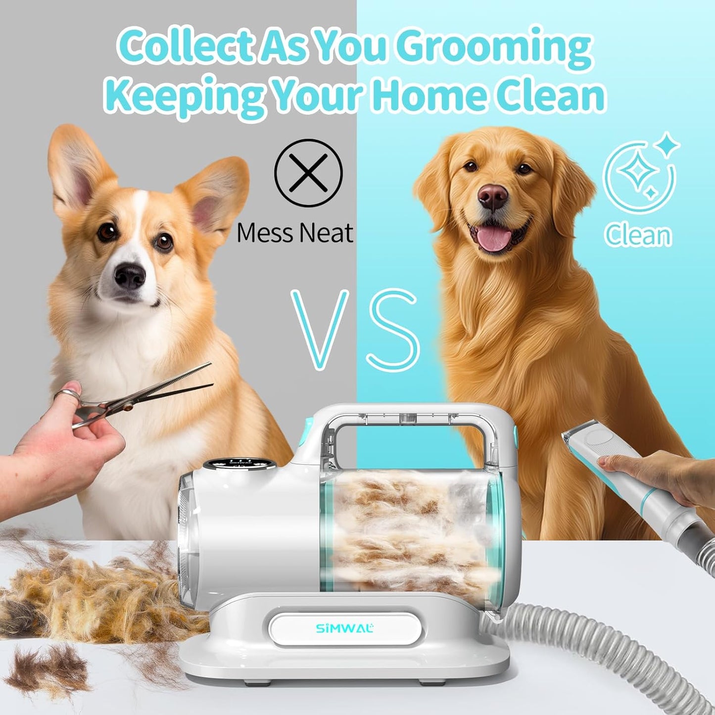 SIMWAL 6-in-1 Pet Grooming Vacuum Kit – Quiet 11KPa Suction System