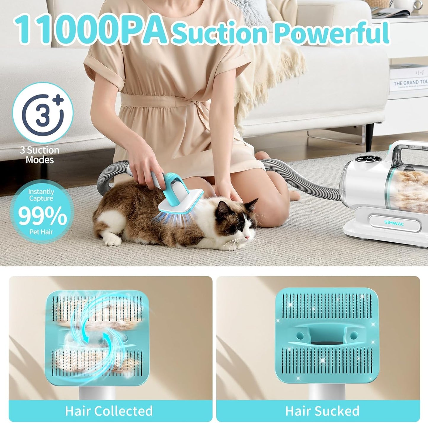 SIMWAL 6-in-1 Pet Grooming Vacuum Kit – Quiet 11KPa Suction System