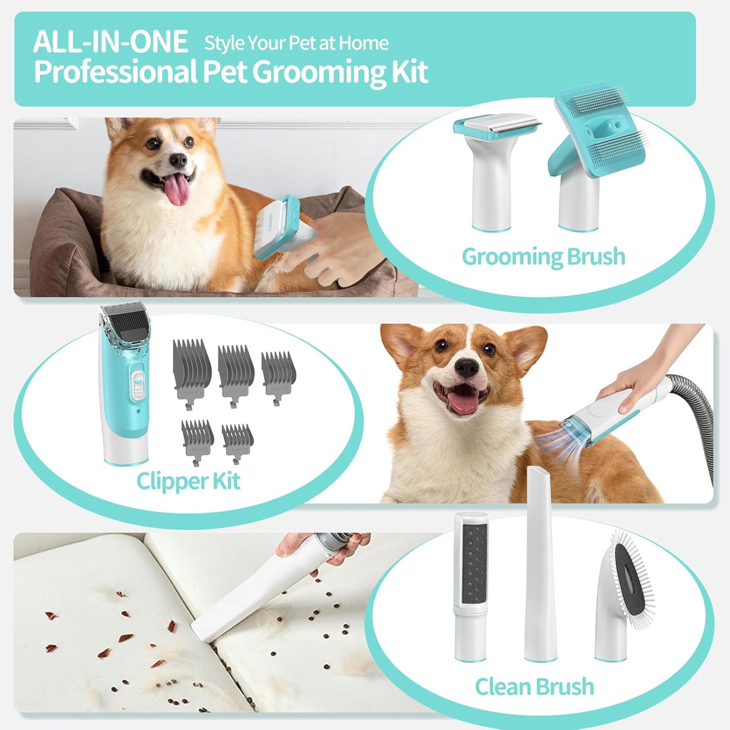 SIMWAL 6-in-1 Pet Grooming Vacuum Kit – Quiet 11KPa Suction System