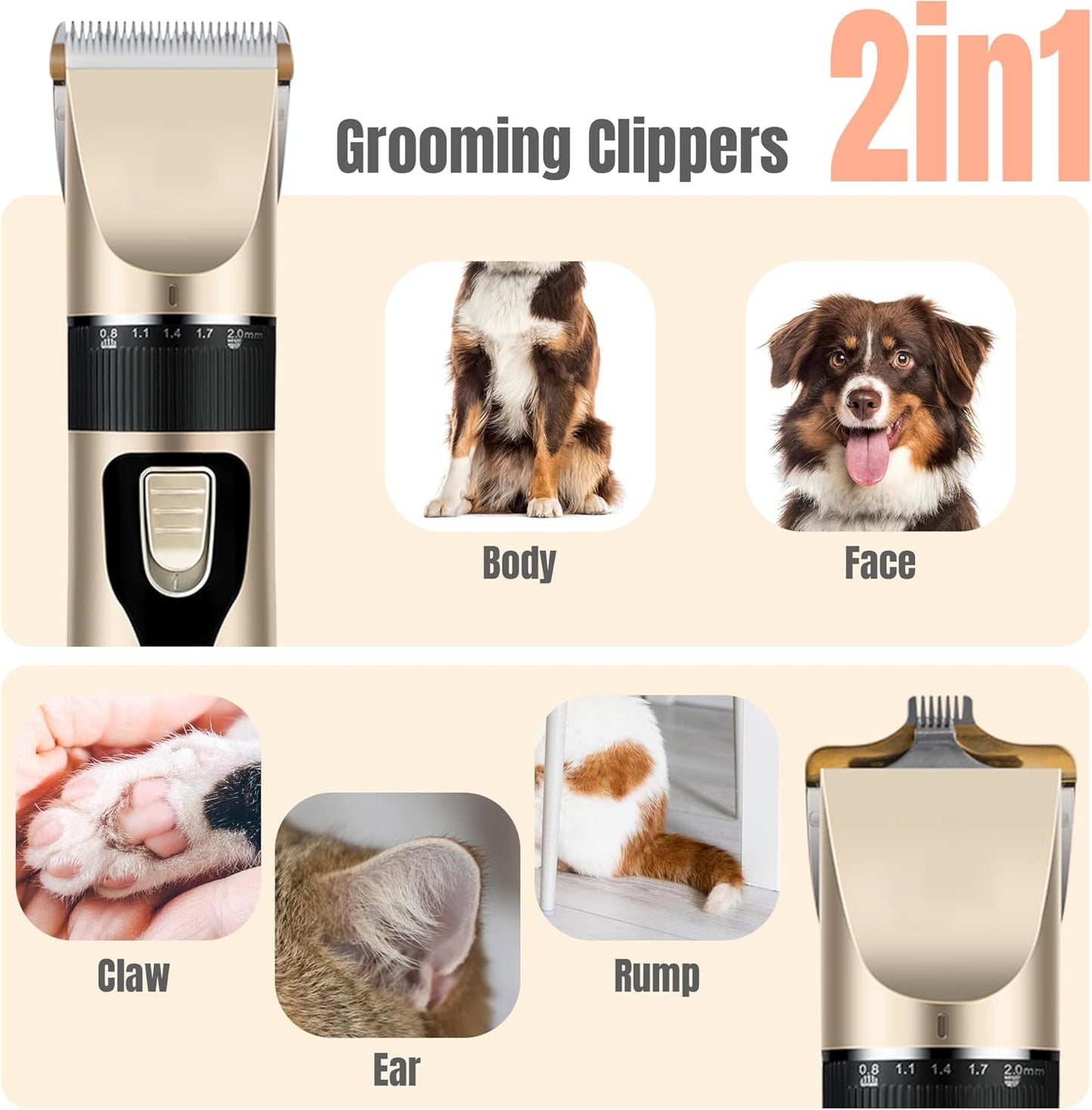 2-in-1 Low Noise Rechargeable Pet Grooming Clippers for Face & Body