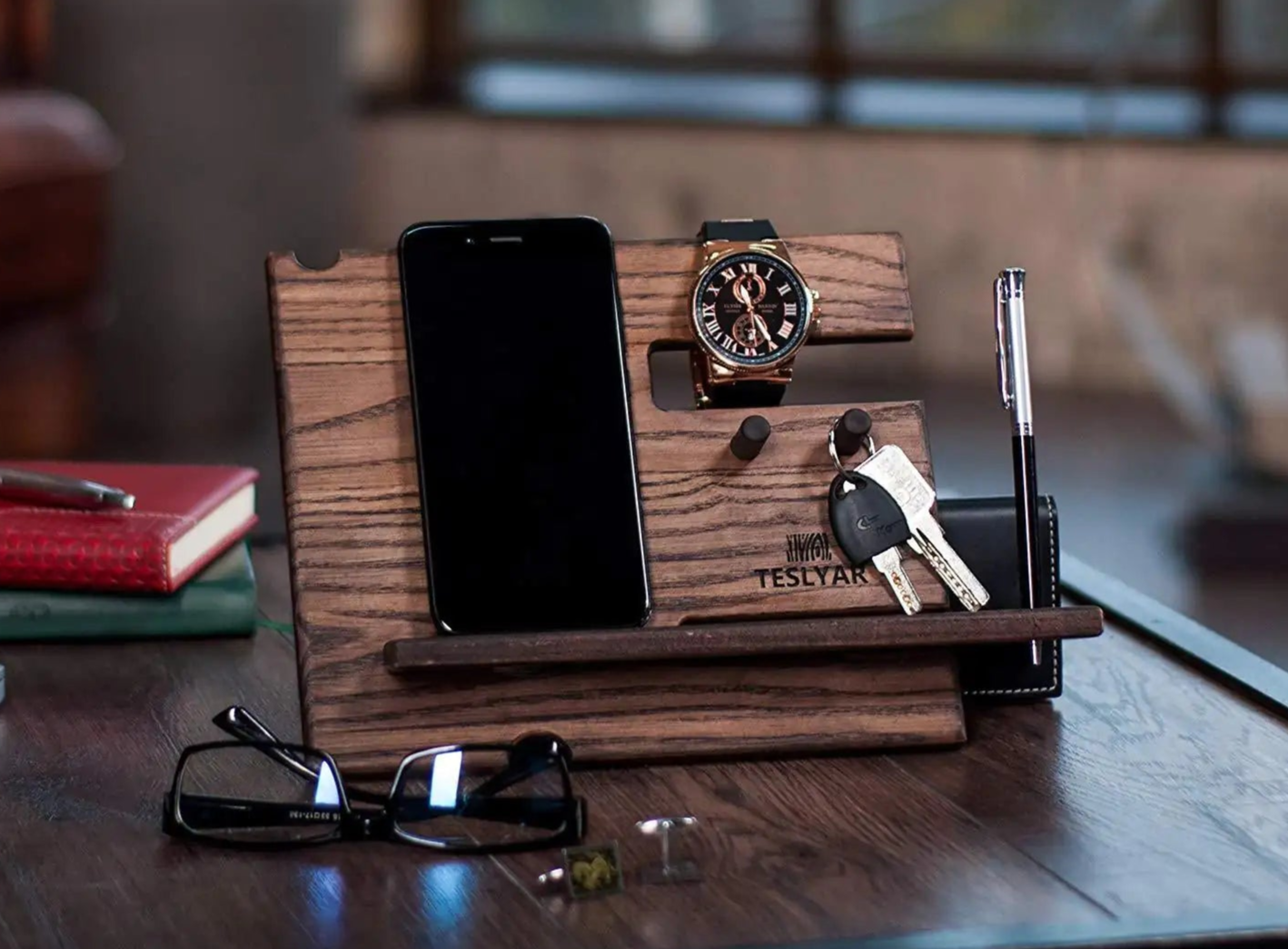Wood Phone Docking Station – Ash Key Hooks, Wallet Stand, and Watch Organizer for Men