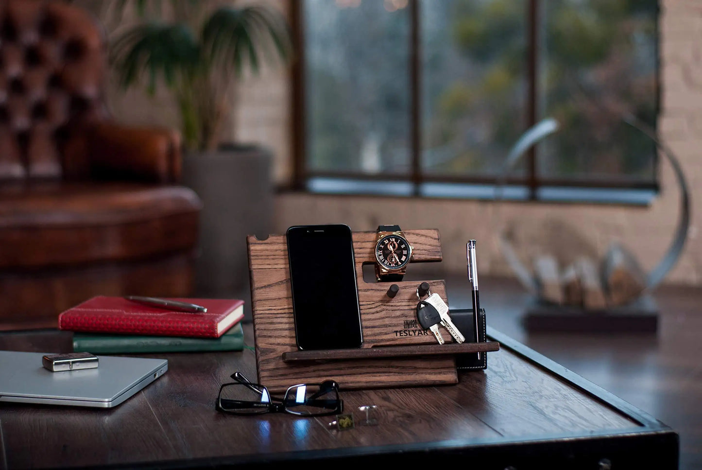 Wood Phone Docking Station – Ash Key Hooks, Wallet Stand, and Watch Organizer for Men