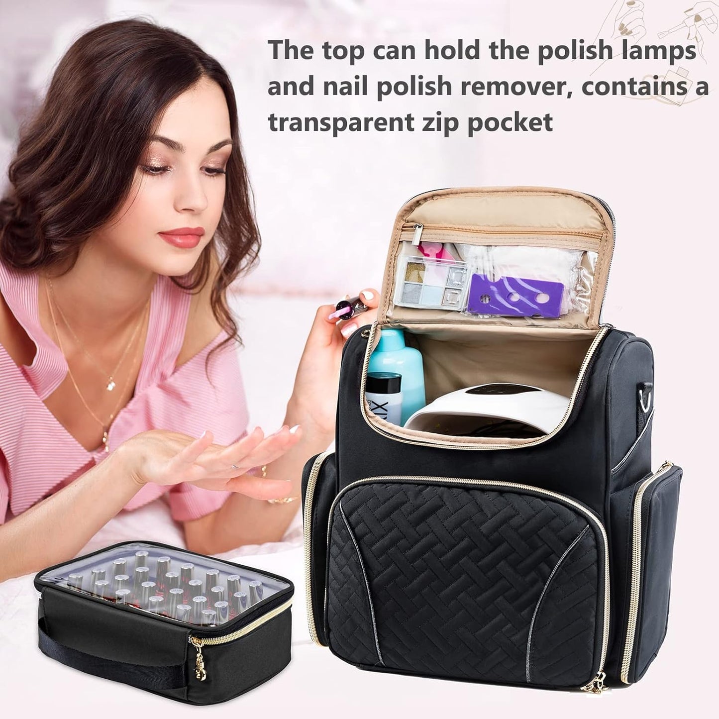 Nail Polish Organizer Backpack – Quilted Storage with 2 Detachable Bottle Cases, Lamp Space & Tool Compartments