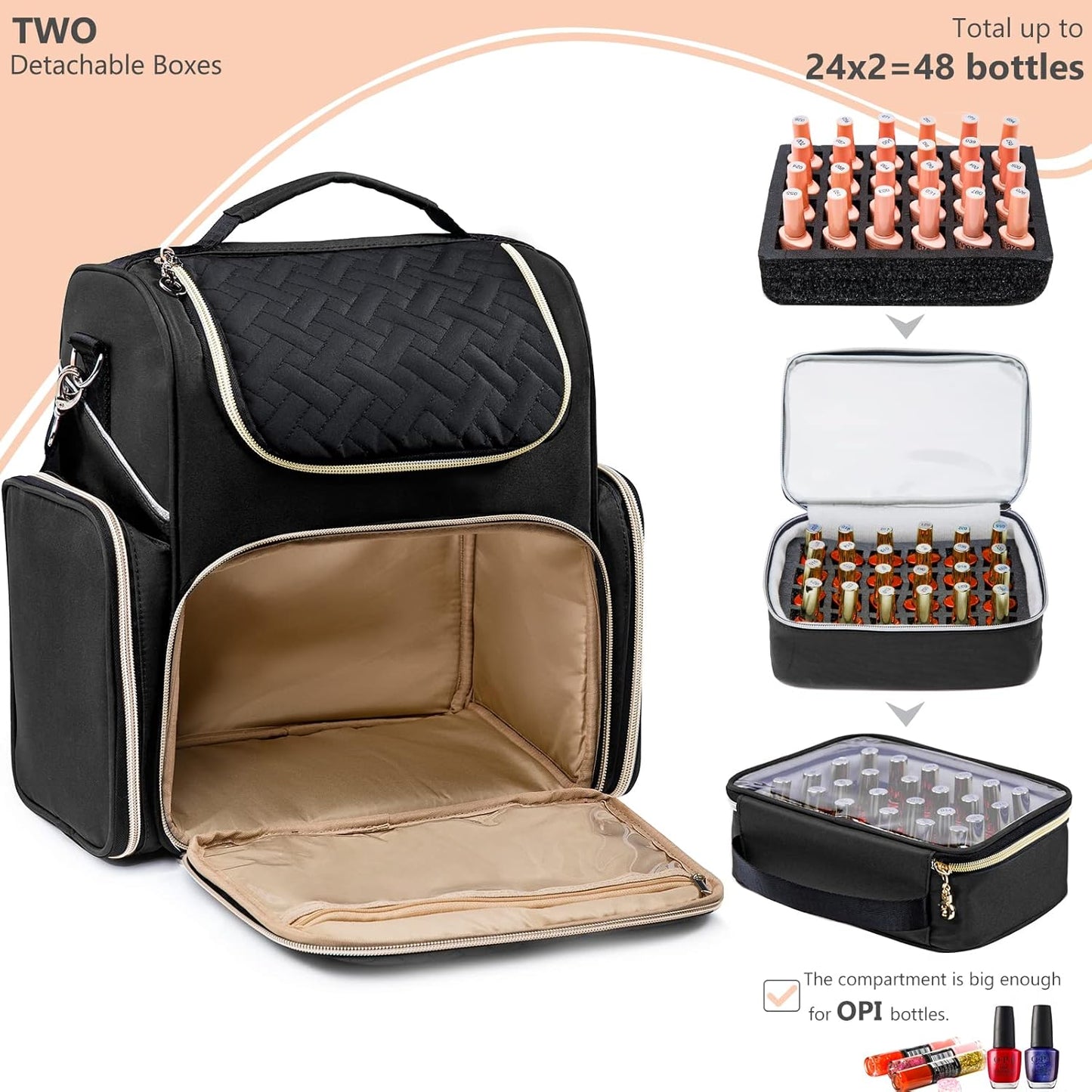 Nail Polish Organizer Backpack – Quilted Storage with 2 Detachable Bottle Cases, Lamp Space & Tool Compartments