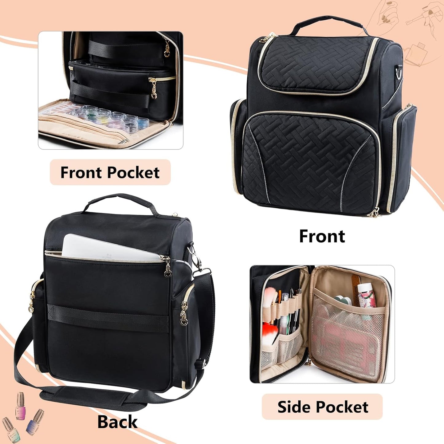 Nail Polish Organizer Backpack – Quilted Storage with 2 Detachable Bottle Cases, Lamp Space & Tool Compartments