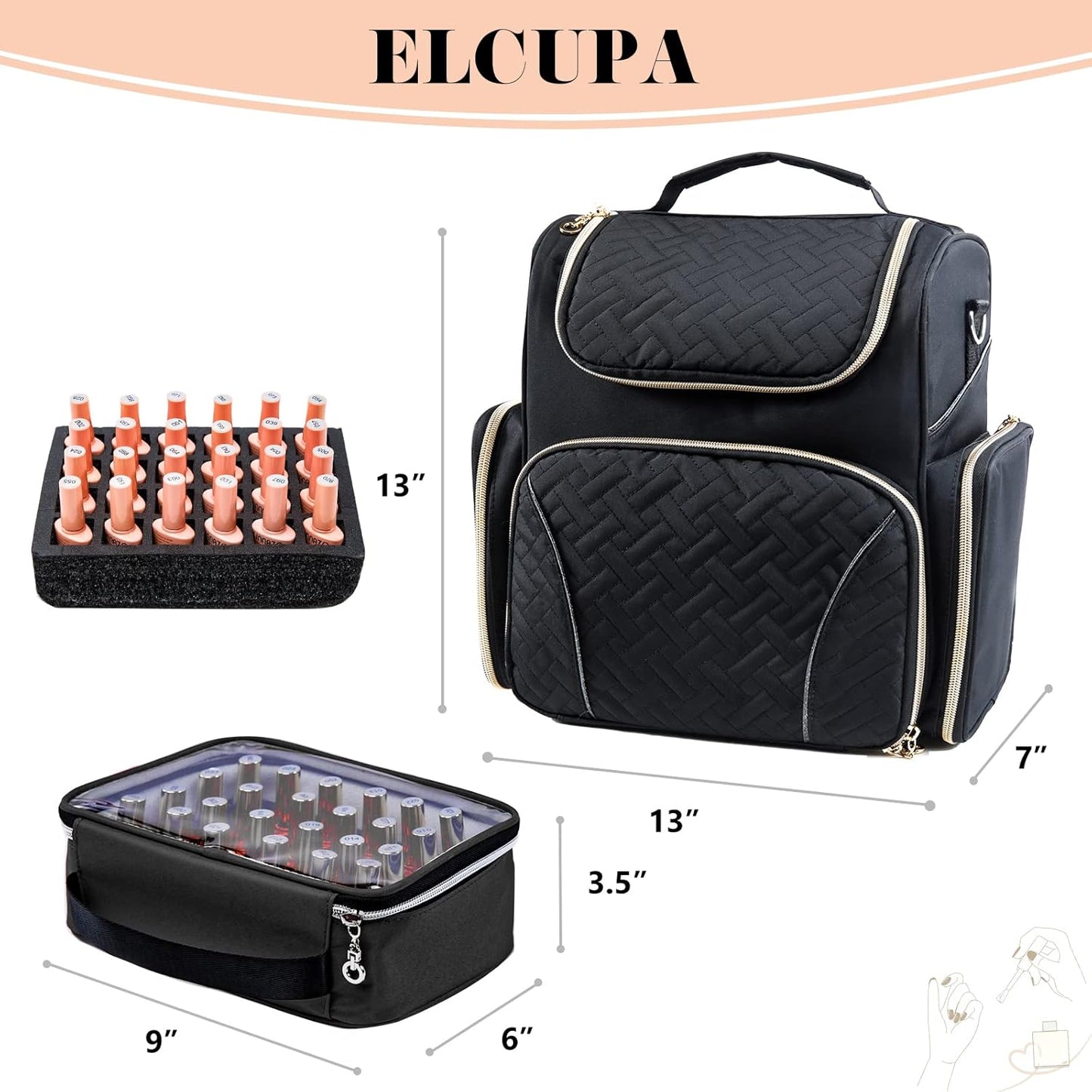 Nail Polish Organizer Backpack – Quilted Storage with 2 Detachable Bottle Cases, Lamp Space & Tool Compartments