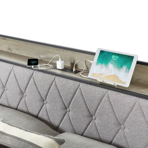 Full Size Bed Frame with Charging Station – Grey, 83.1" L x 56.1" W x 39.2" H
