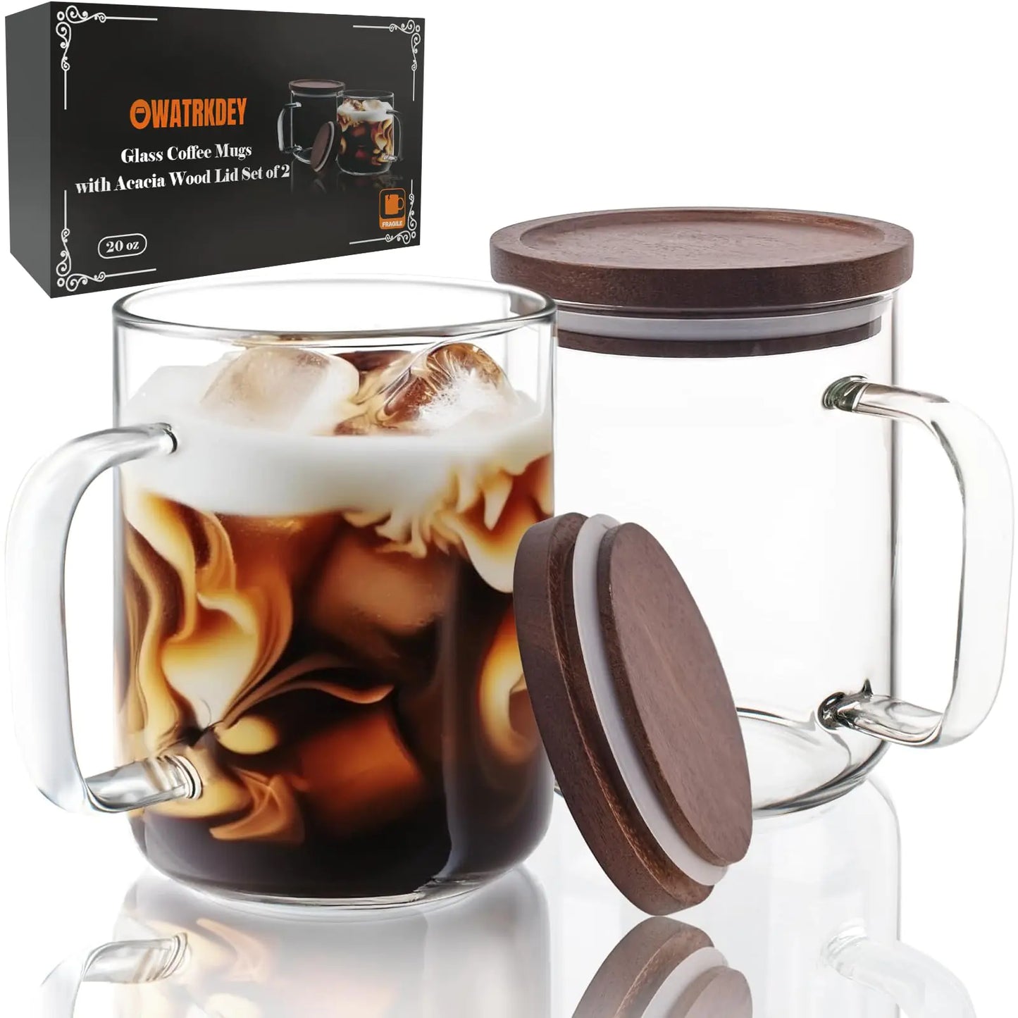 Glass Coffee Mugs with Acacia Wood Lids – 20 oz Large Set of 2 (Dishwasher & Microwave Safe)