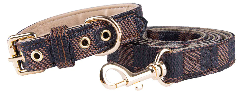 Pet Dog PU Collar Leash Set by Happier – Coffee Plaid Geometric Style with Leather Durability