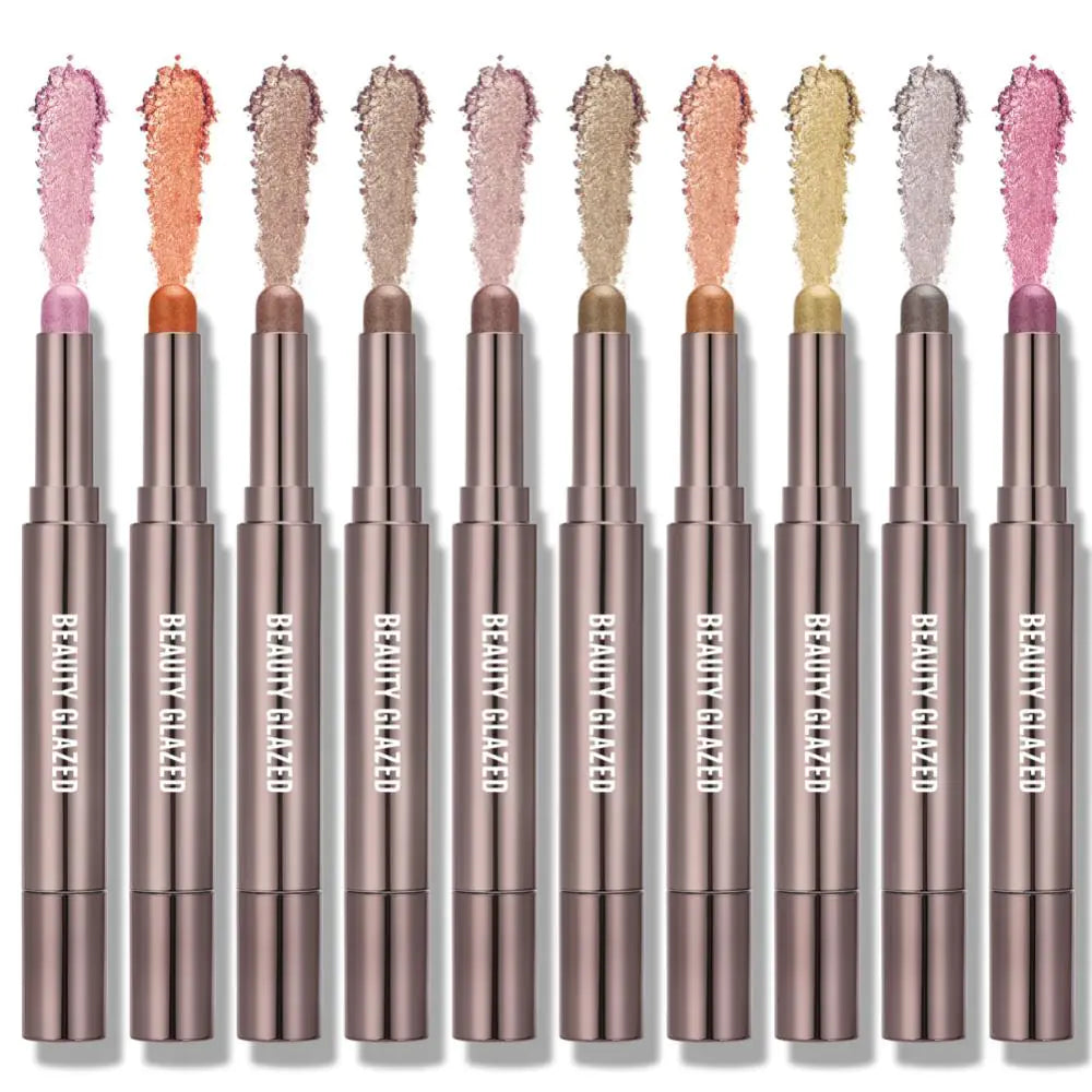 10 Color Double-Ended Eye Shadow Stick – Pearlescent Finish with Built-in Sponge Brush (5.1" Length)