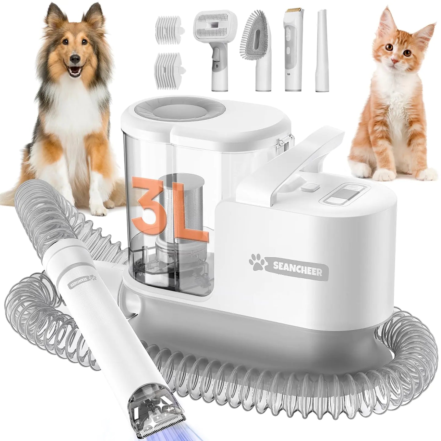 Dog Grooming Vacuum Kit (Ultra-Quiet, 10000Pa Suction, 5 Tools, 4 Combs, 3L Dustbin, Grey)